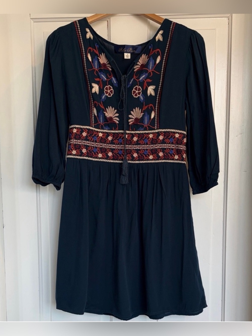 Blue Rain Navy / Teal Dress with Floral Embroidery Size Small
